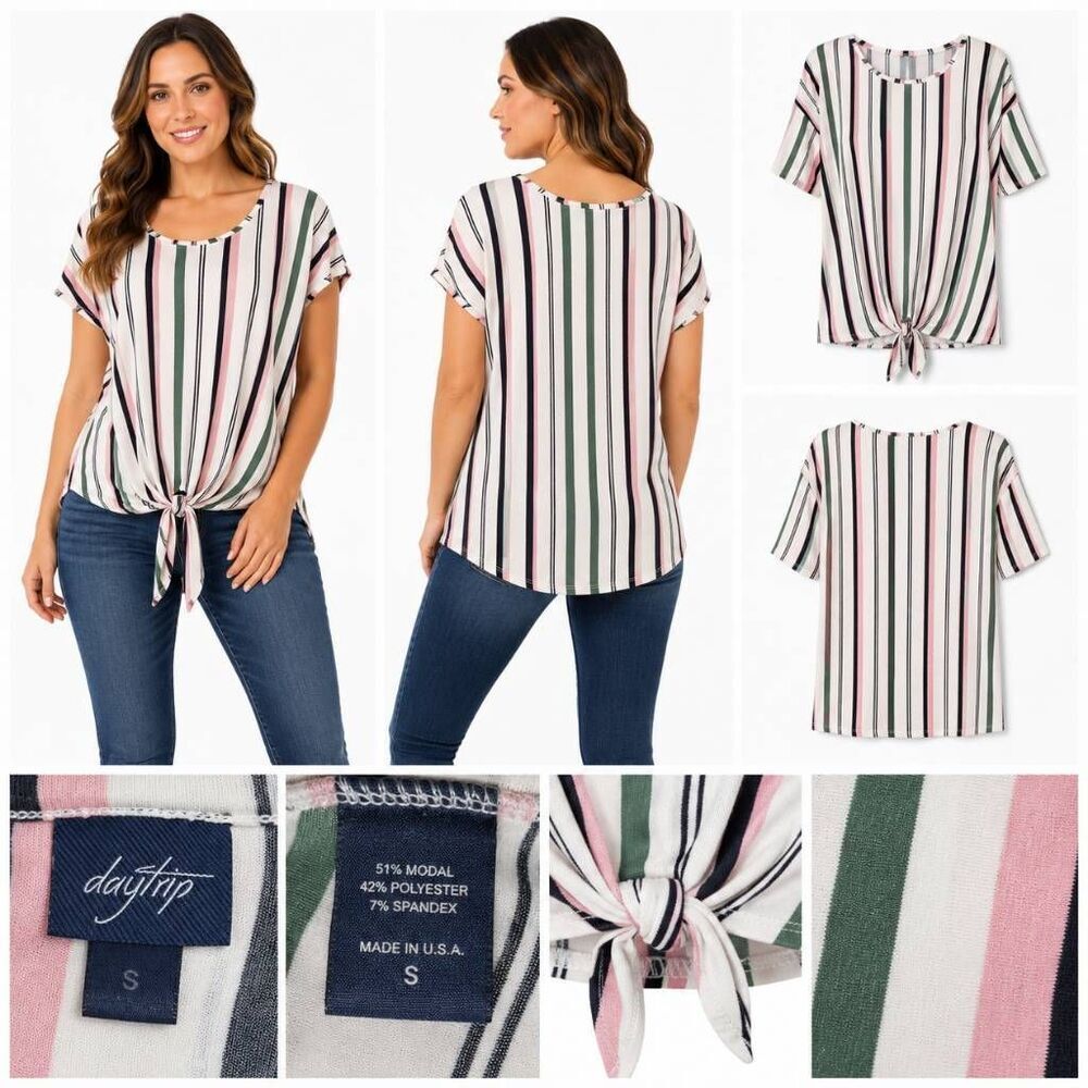 Daytrip Women’s Top S White Pink Green Striped Short Sleeve Tie Front Tee